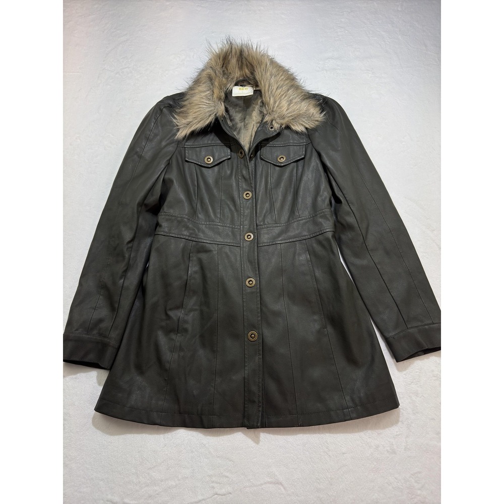 Maeve By Anthropologie Coat Womens Large Gray Faux Leather Fur Collar Winter